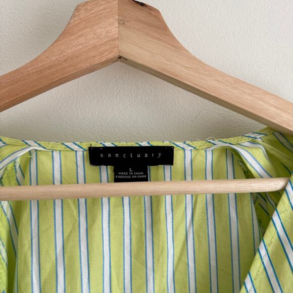 Sanctuary V-Neck Striped Puff 3/4 Sleeve Poplin Blouse Green L - Picture 4 of 9
